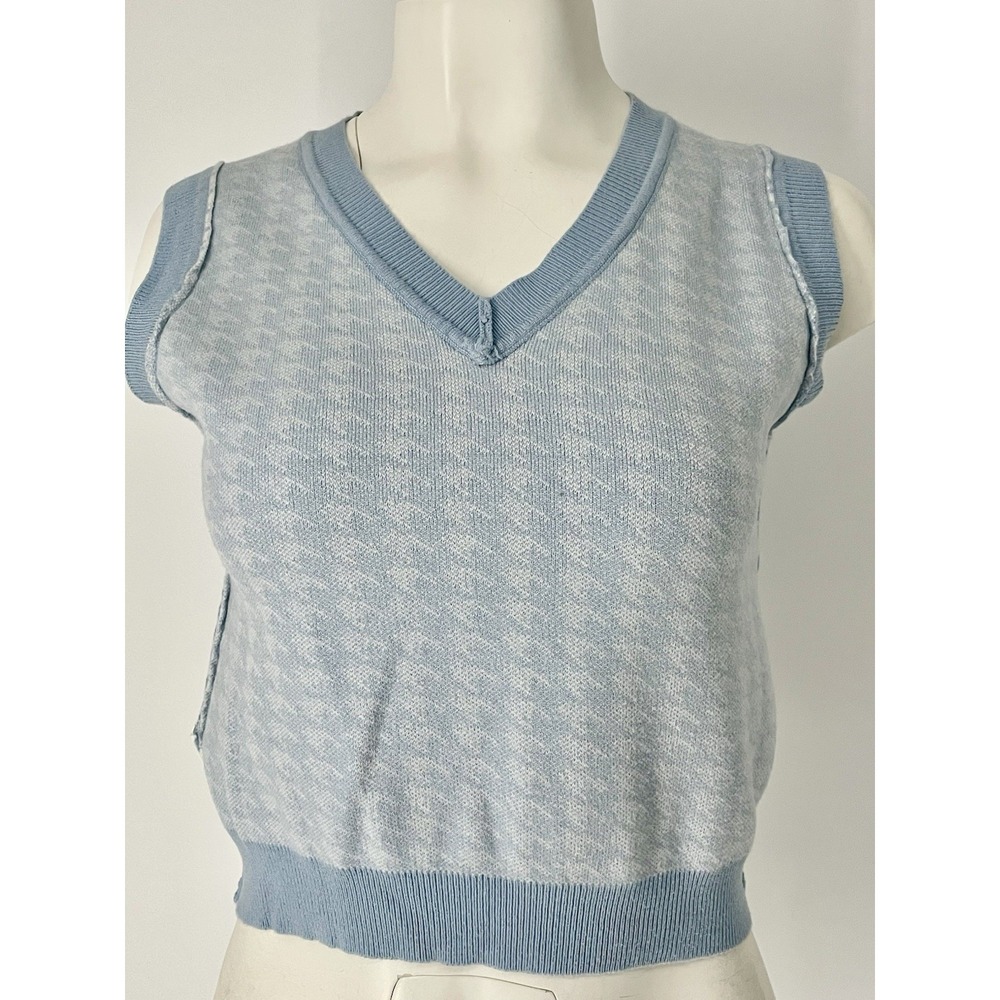 Women's Pastel Baby Blue Houndstooth cropped Sweater Vest Knit Small White - Picture 5 of 8